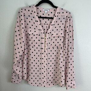 Express Womens Medium Polka Dot Zipper Blouse Blush Pink Roll Tab Sleeve Shirt